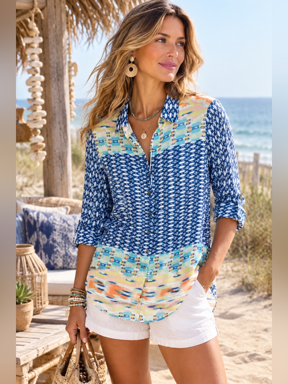 Johnny Was 3J Workshop Lightweight Mixed Print Button Up Shirt Tunic